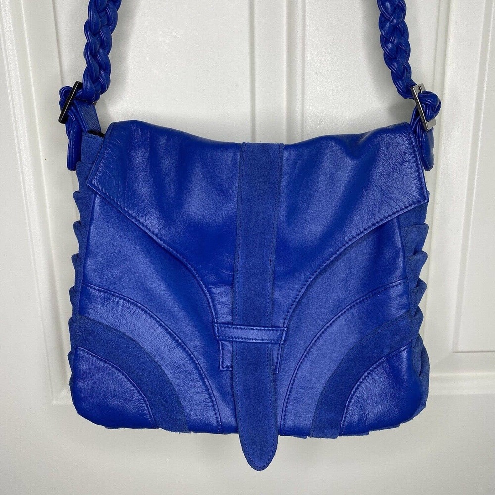 Ember Skye Leather Suede Crossbody Bag In Blue Braided Strap Boho Rare